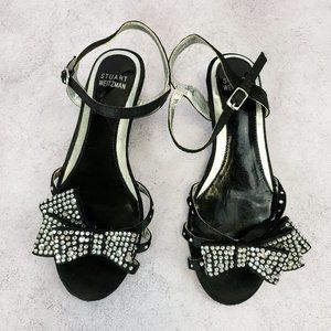 STUART WEITZMAN Kids Silver Black Ankle Strap Sandal 1 Girls Beads Sparkle Bow